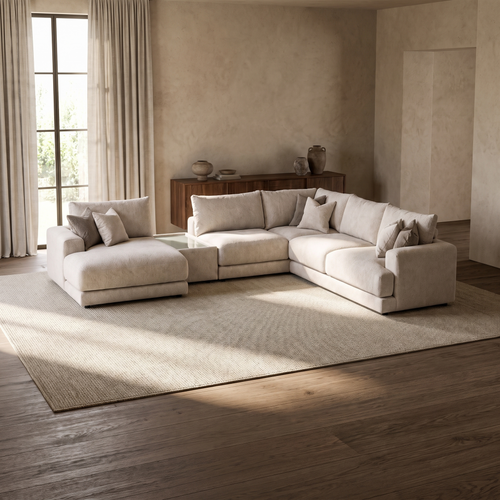 Aurelia Large Chaise Sofa & Glass-Top Table Set — main lifestyle view in a warm stone and walnut living room