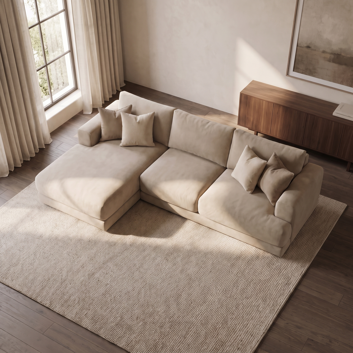 Aurelia Large Chaise Sofa — elevated camera view in a warm stone and walnut living room