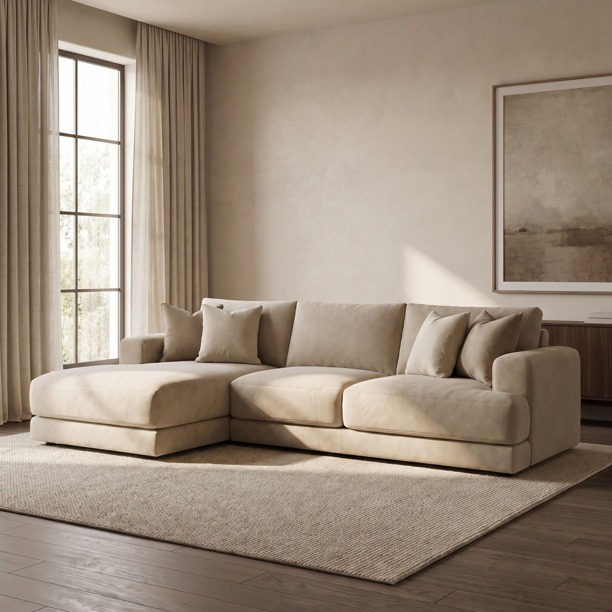 Aurelia Large Chaise Sofa — main lifestyle view in a warm stone and walnut living room