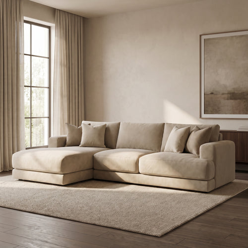 Aurelia Large Chaise Sofa — main lifestyle view in a warm stone and walnut living room