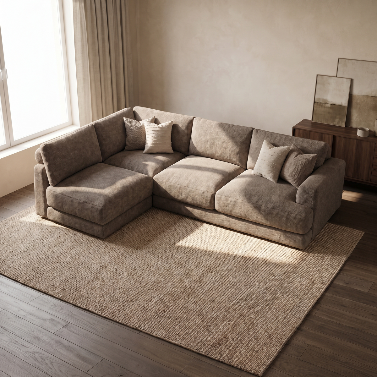 Aurelia Large Corner Sofa — elevated camera view in a warm stone and walnut living room