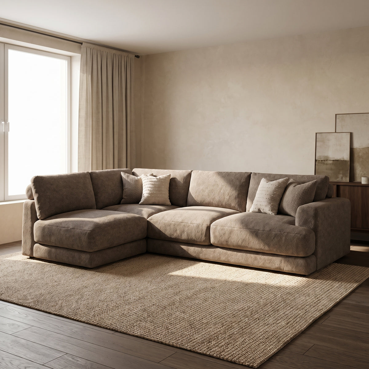 Aurelia Large Corner Sofa — main lifestyle view in a warm stone and walnut living room
