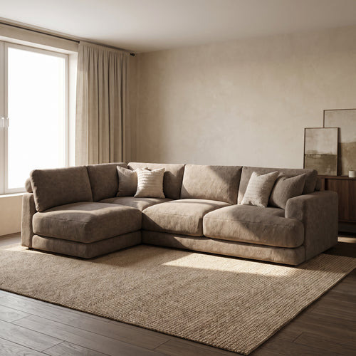 Aurelia Large Corner Sofa — main lifestyle view in a warm stone and walnut living room