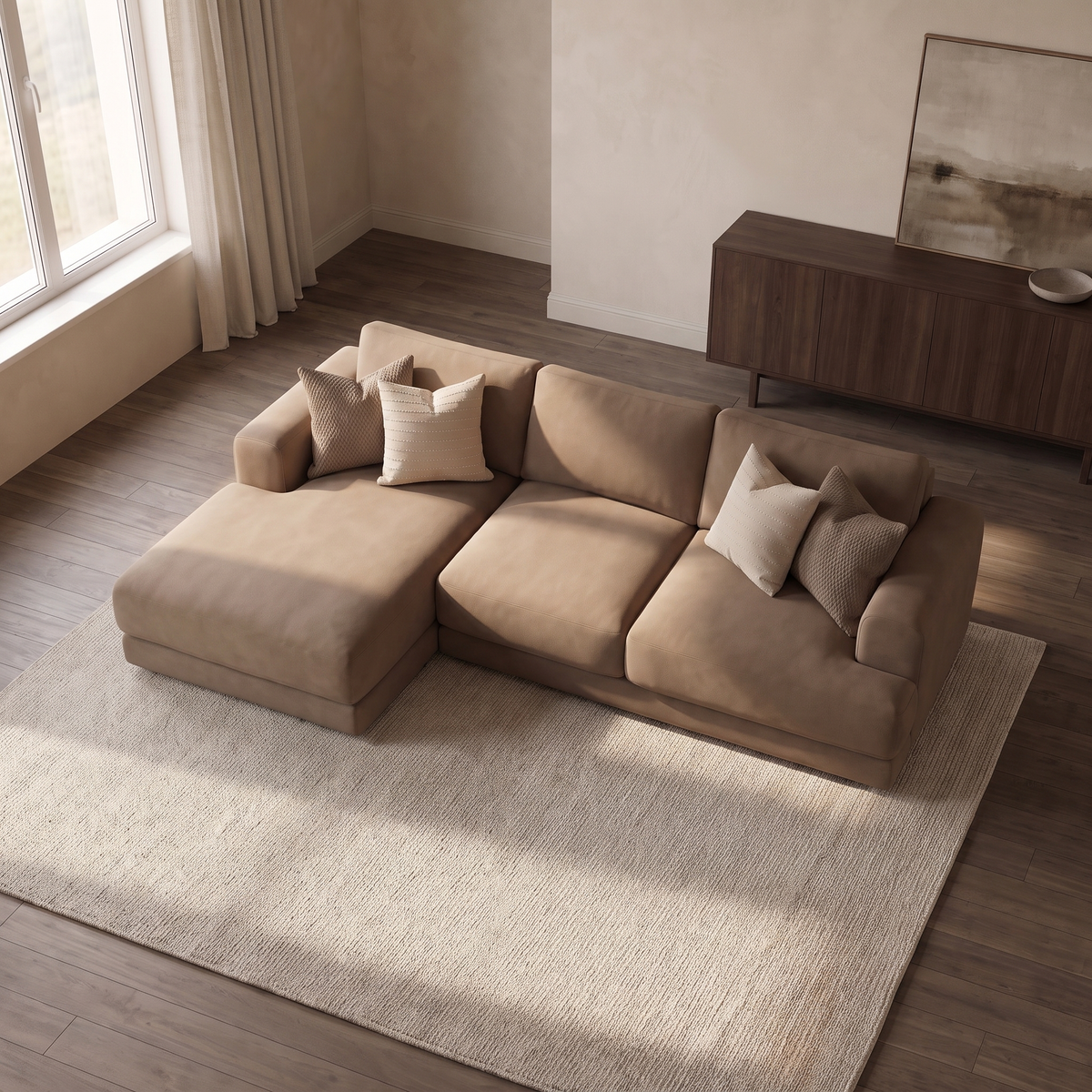 Aurelia Medium Chaise Sofa — elevated camera view in a warm stone and walnut living room