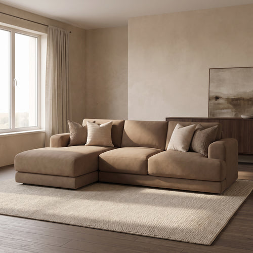 Aurelia Medium Chaise Sofa — main lifestyle view in a warm stone and walnut living room