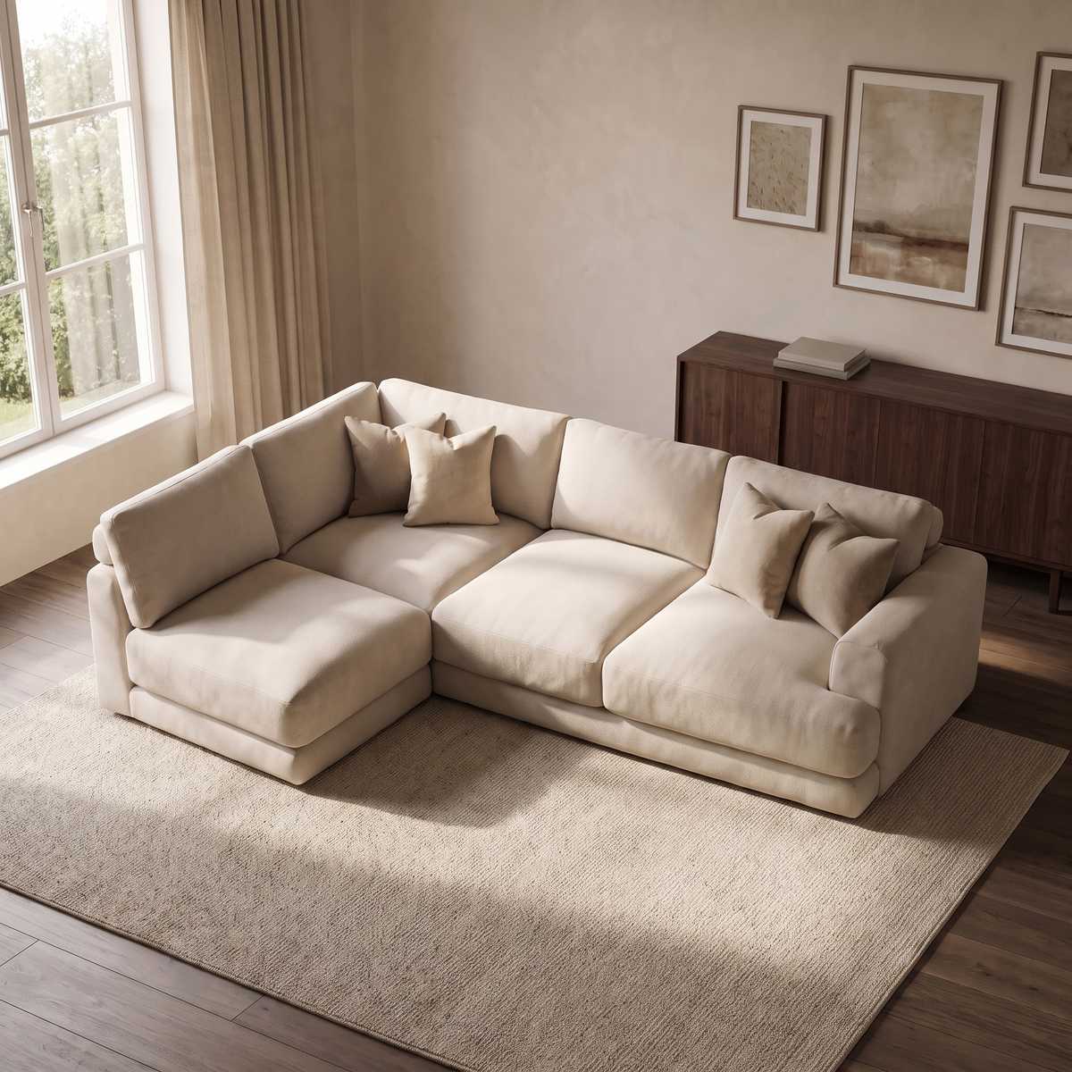 Aurelia Medium Corner Sofa — elevated camera view in a warm stone and walnut living room