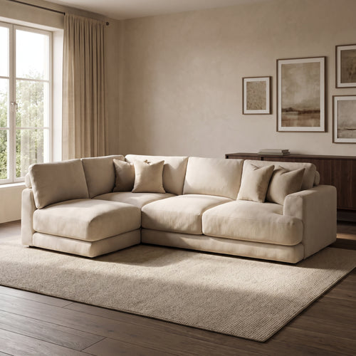 Aurelia Medium Corner Sofa — main lifestyle view in a warm stone and walnut living room