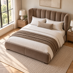 CK Living Aurelio curved-wing upholstered bed — elevated lifestyle view, proposed design visualisation