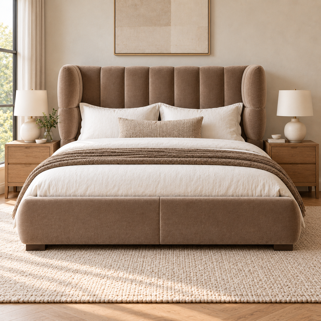 CK Living Aurelio curved-wing upholstered bed — front lifestyle view, proposed design visualisation