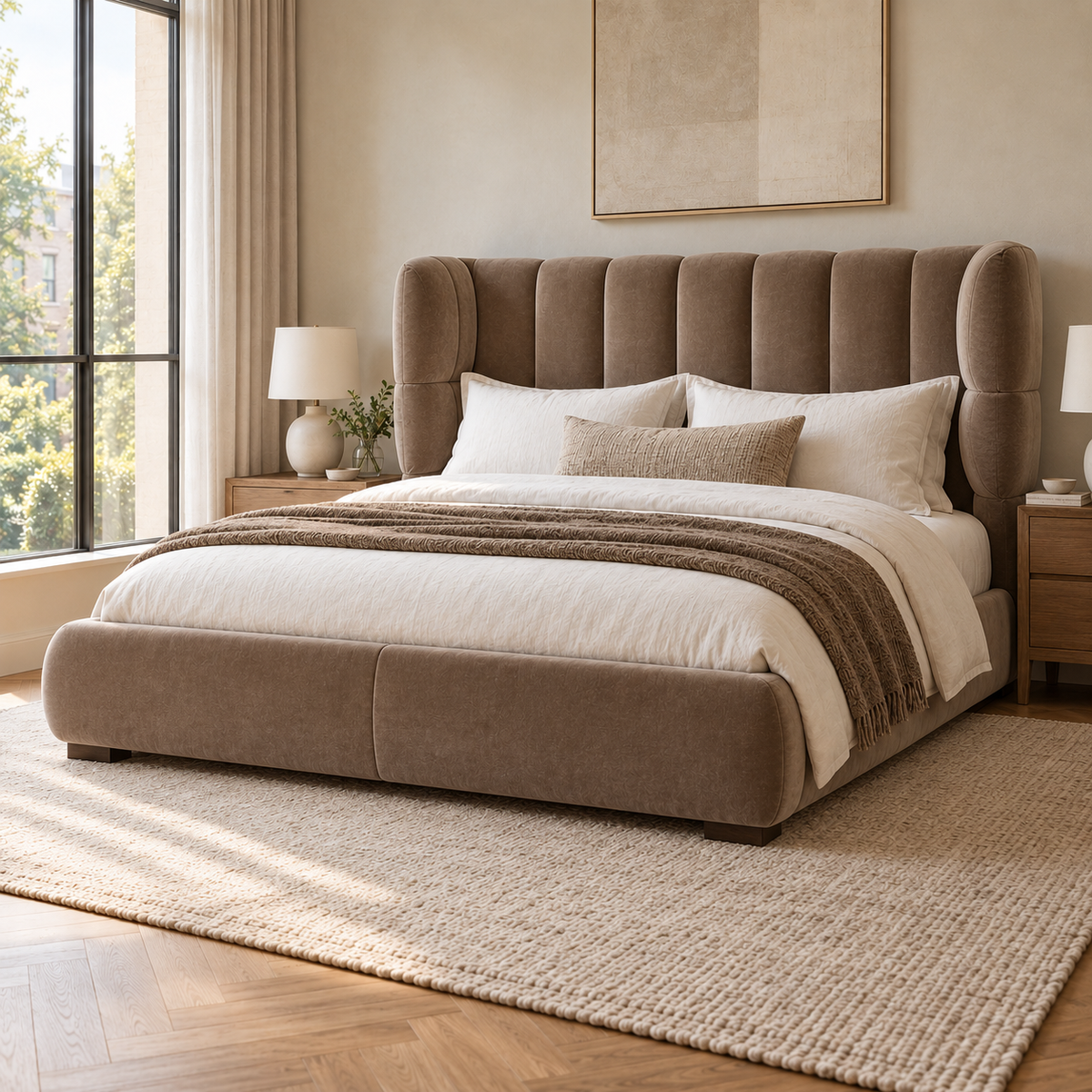 CK Living Aurelio curved-wing upholstered bed — lifestyle hero, proposed design visualisation