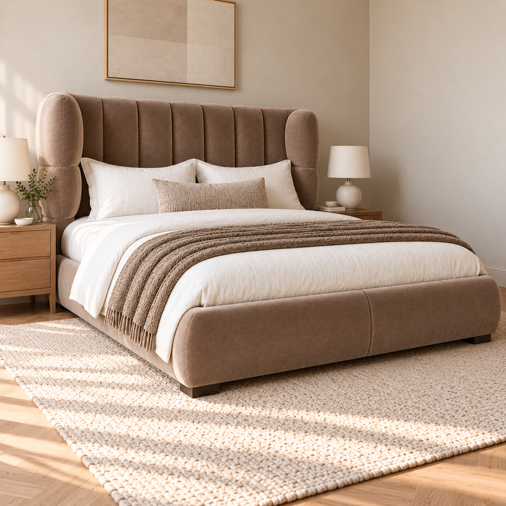 CK Living Aurelio curved-wing upholstered bed — opposite-angle lifestyle view, proposed design visualisation