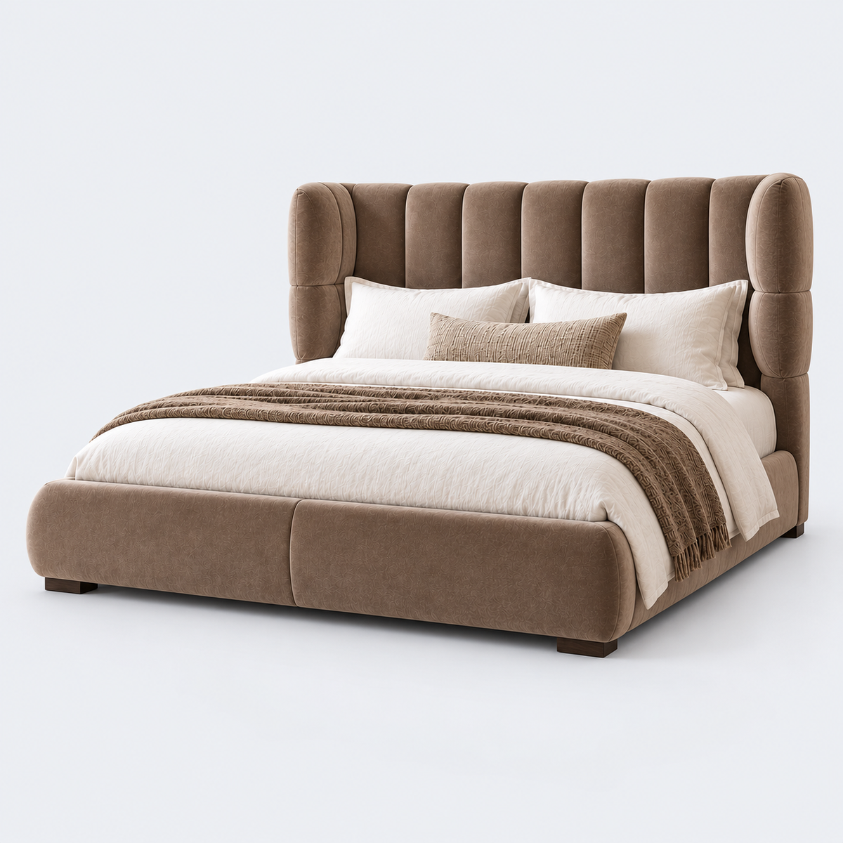 CK Living Aurelio curved-wing upholstered bed — cold light-grey studio view, proposed design visualisation