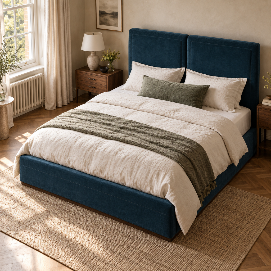 CK Living Aveline upholstered bed — elevated lifestyle view