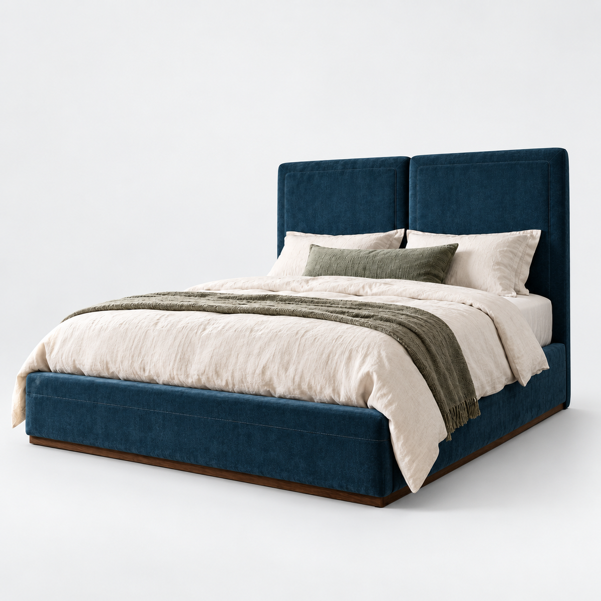 CK Living Aveline upholstered bed — cold light-grey studio view