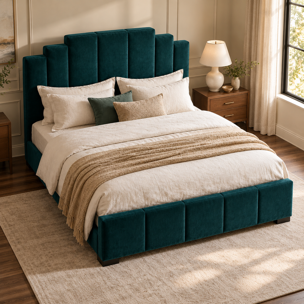 CK Living Avondale upholstered bed in deep peacock velvet — elevated lifestyle view
