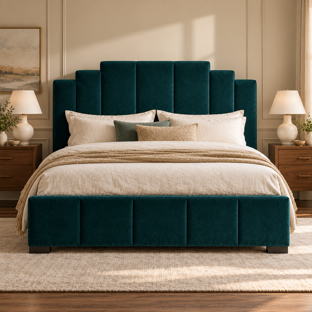 CK Living Avondale upholstered bed in deep peacock velvet — front lifestyle view