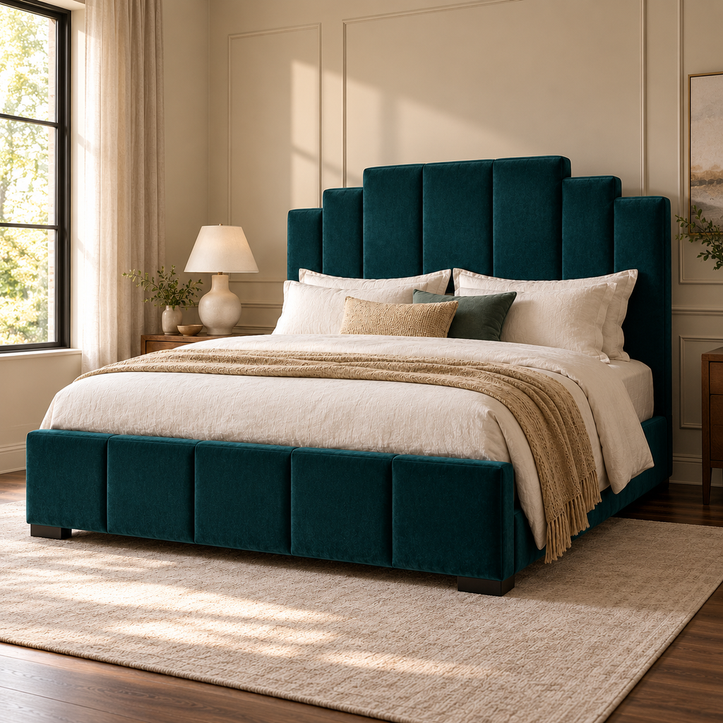 CK Living Avondale upholstered bed in deep peacock velvet — opposite angle lifestyle view