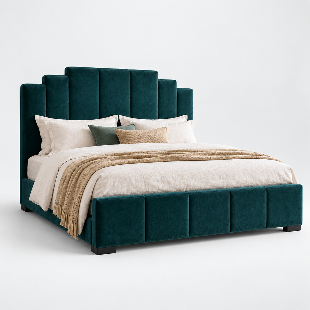CK Living Avondale upholstered bed in deep peacock velvet — plain cold-white grey background