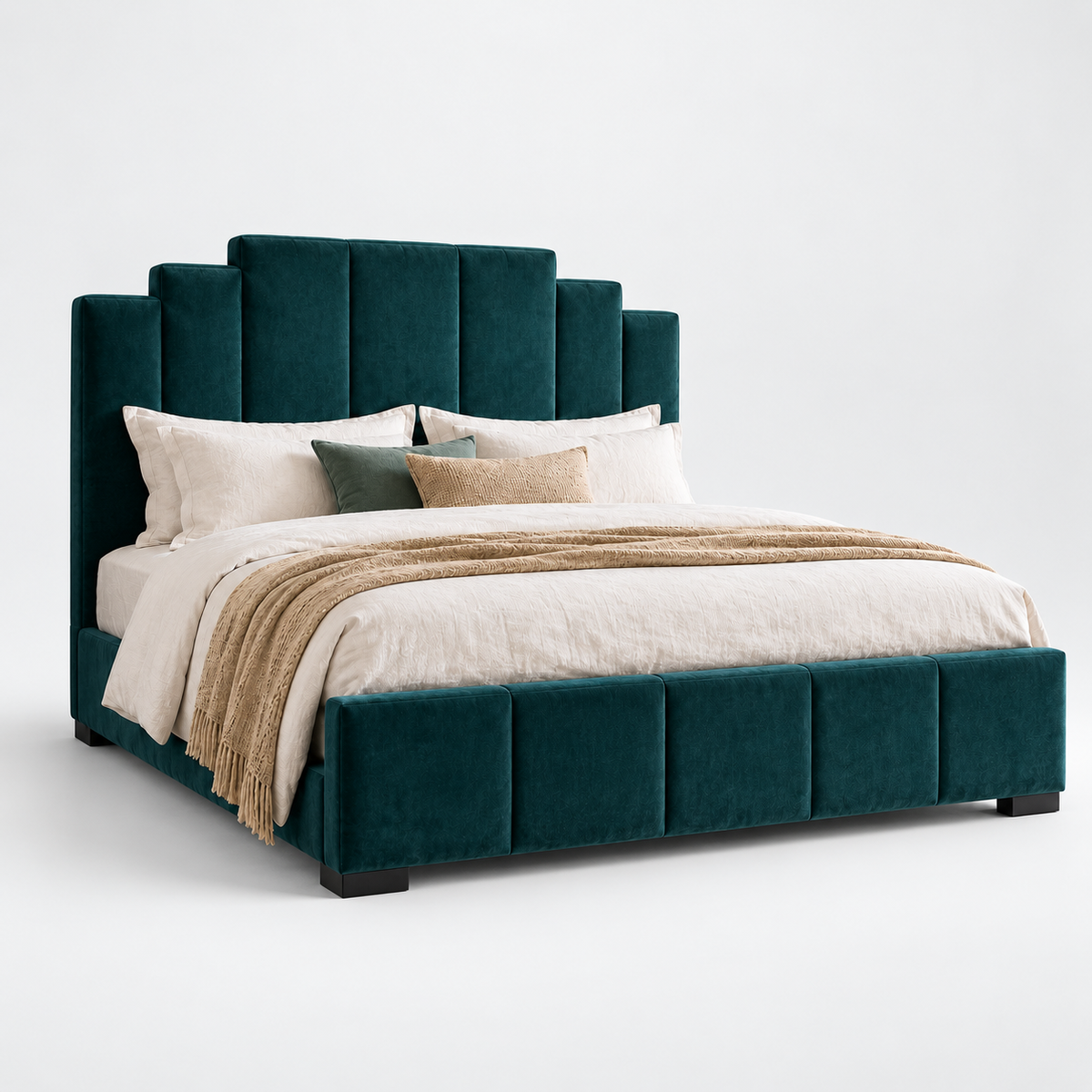 CK Living Avondale upholstered bed in deep peacock velvet — plain cold-white grey background