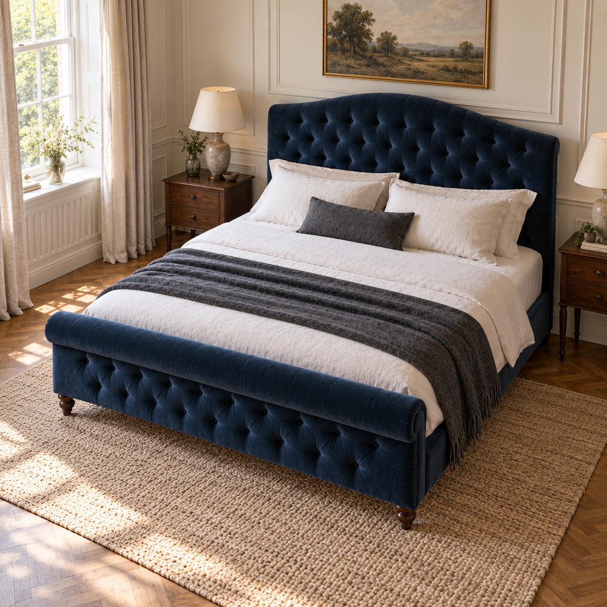 CK Living Beaumont upholstered bed — elevated lifestyle view