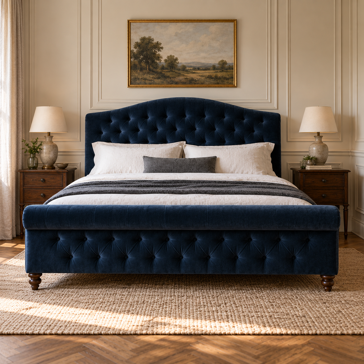 CK Living Beaumont upholstered bed — front lifestyle view