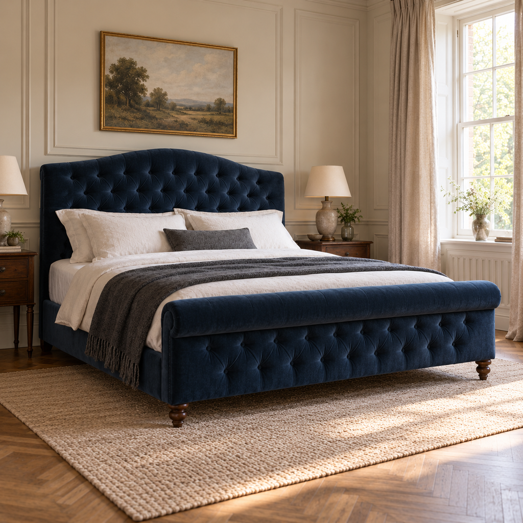 CK Living Beaumont upholstered bed — opposite-angle lifestyle view