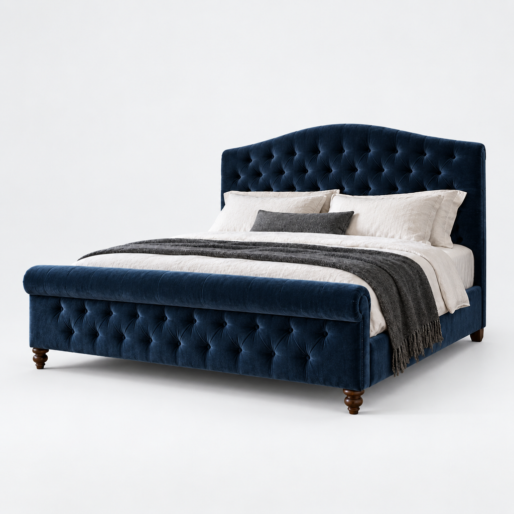 CK Living Beaumont upholstered bed — cold light-grey studio view