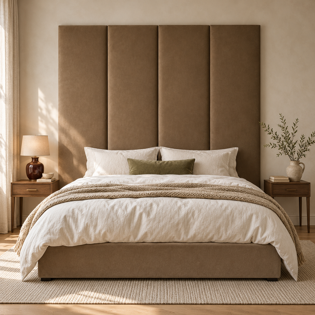 Four 200 x 45 cm Hazelnut Mink velvet wall panels in a styled bedroom; panels sold individually, base and styling separate. Room visualisation.