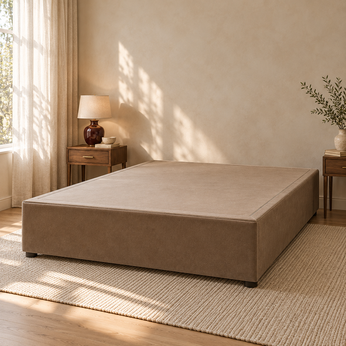 Hazelnut Mink velvet divan bed base without headboard or mattress in a styled room. Room visualisation; base only.