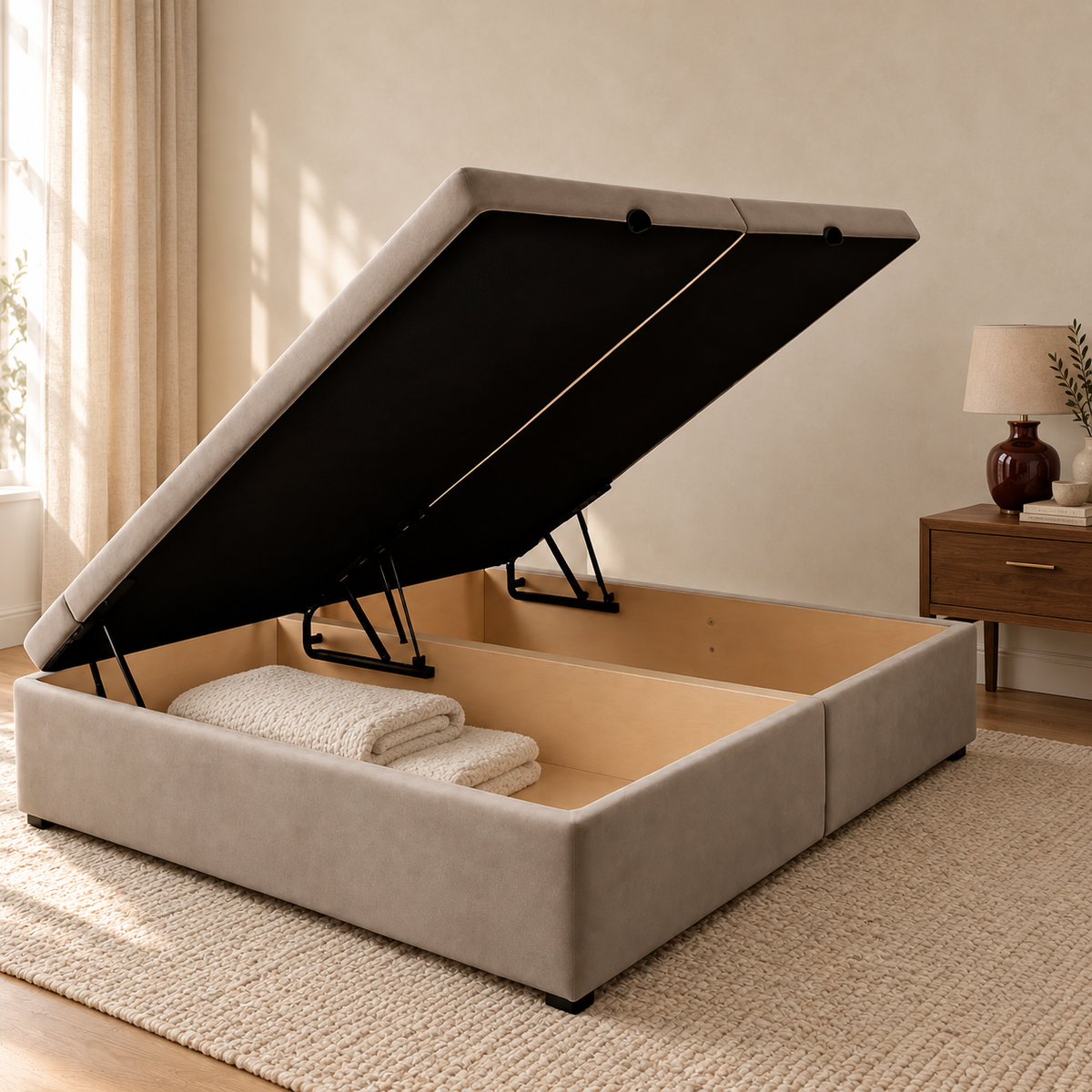 Side-opening velvet ottoman divan base showing its storage compartments and lift mechanism. Room visualisation; base only.