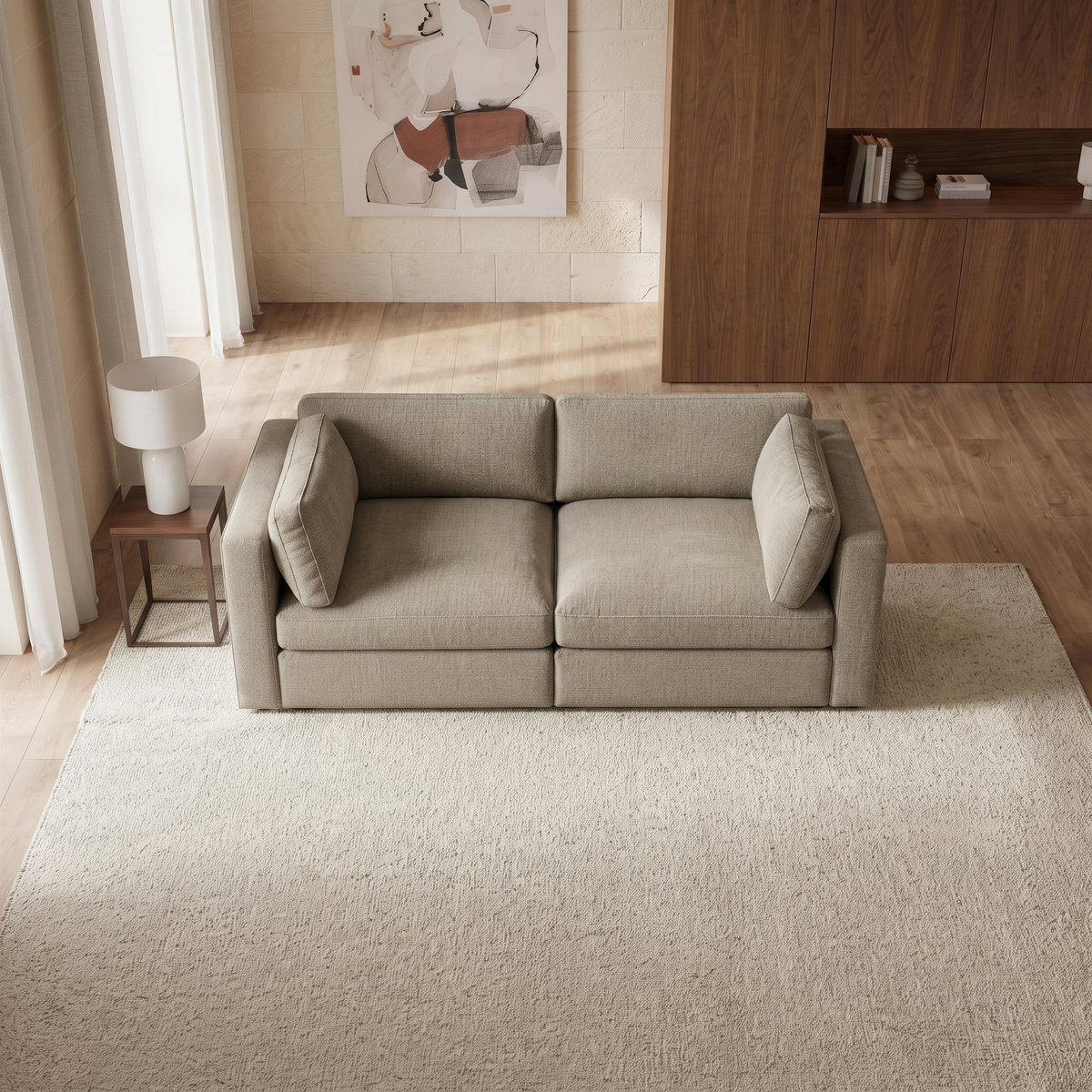 Bellano 2 Seater Sofa — elevated camera view in a warm stone and walnut living room