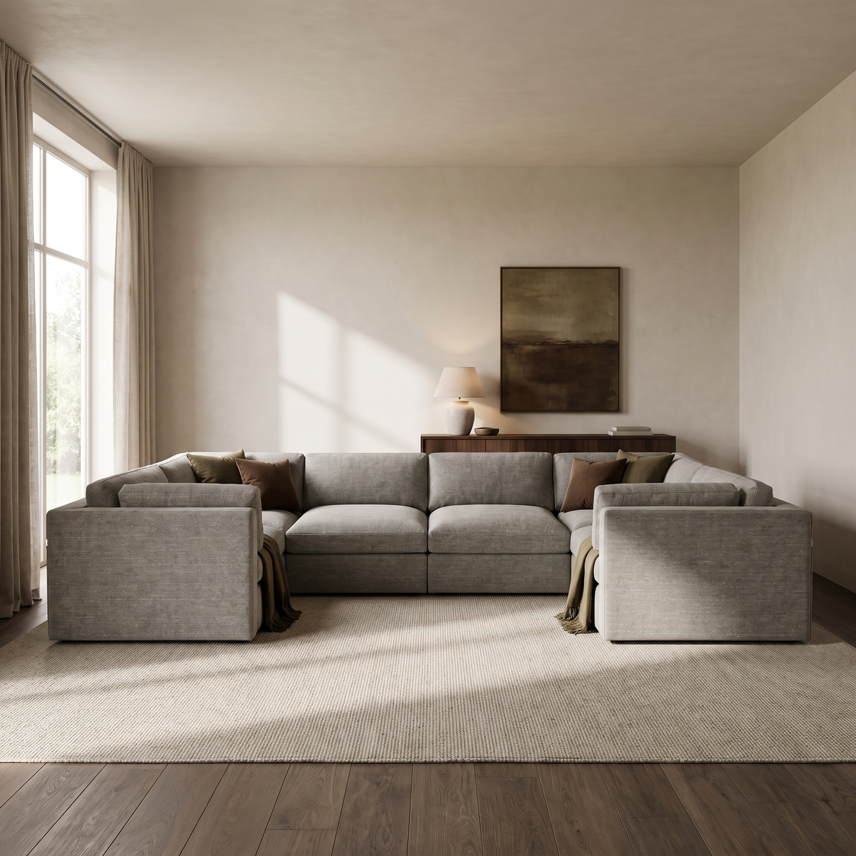 Bellano Grand U-Shape Sofa in an aspirational warm stone and walnut living room, natural daylight and realistic fabric texture