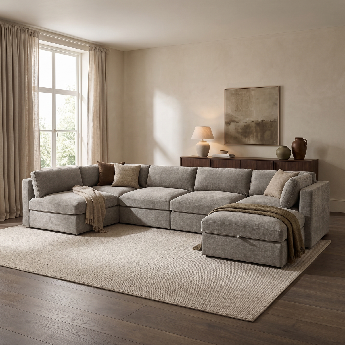 Bellano U-Shape Sofa + Storage Ottoman in an aspirational warm stone and walnut living room, natural daylight and realistic fabric texture