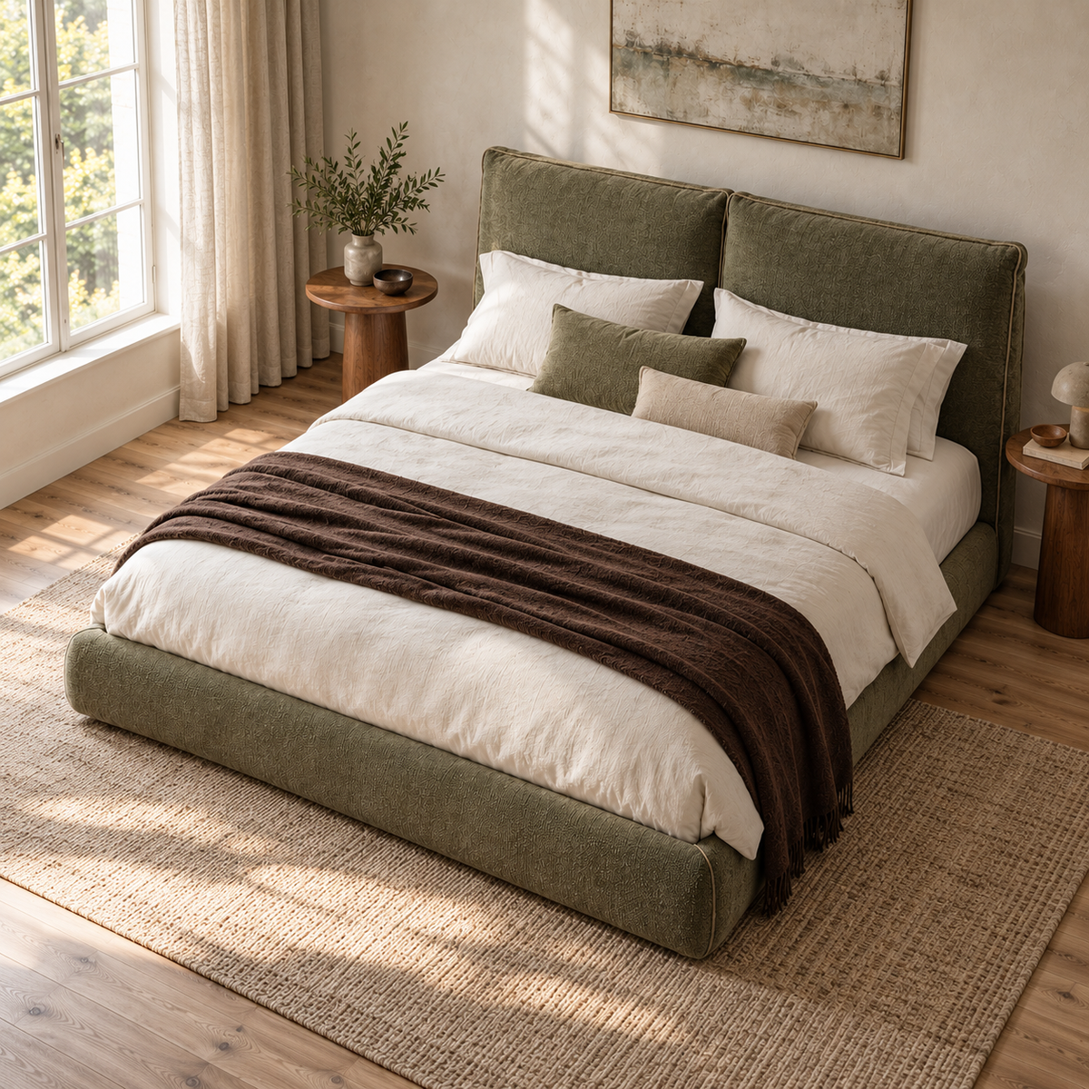 CK Living Bellmere upholstered bed in muted olive textured weave — elevated lifestyle view