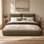 CK Living Bellmere upholstered bed in muted olive textured weave — front lifestyle view