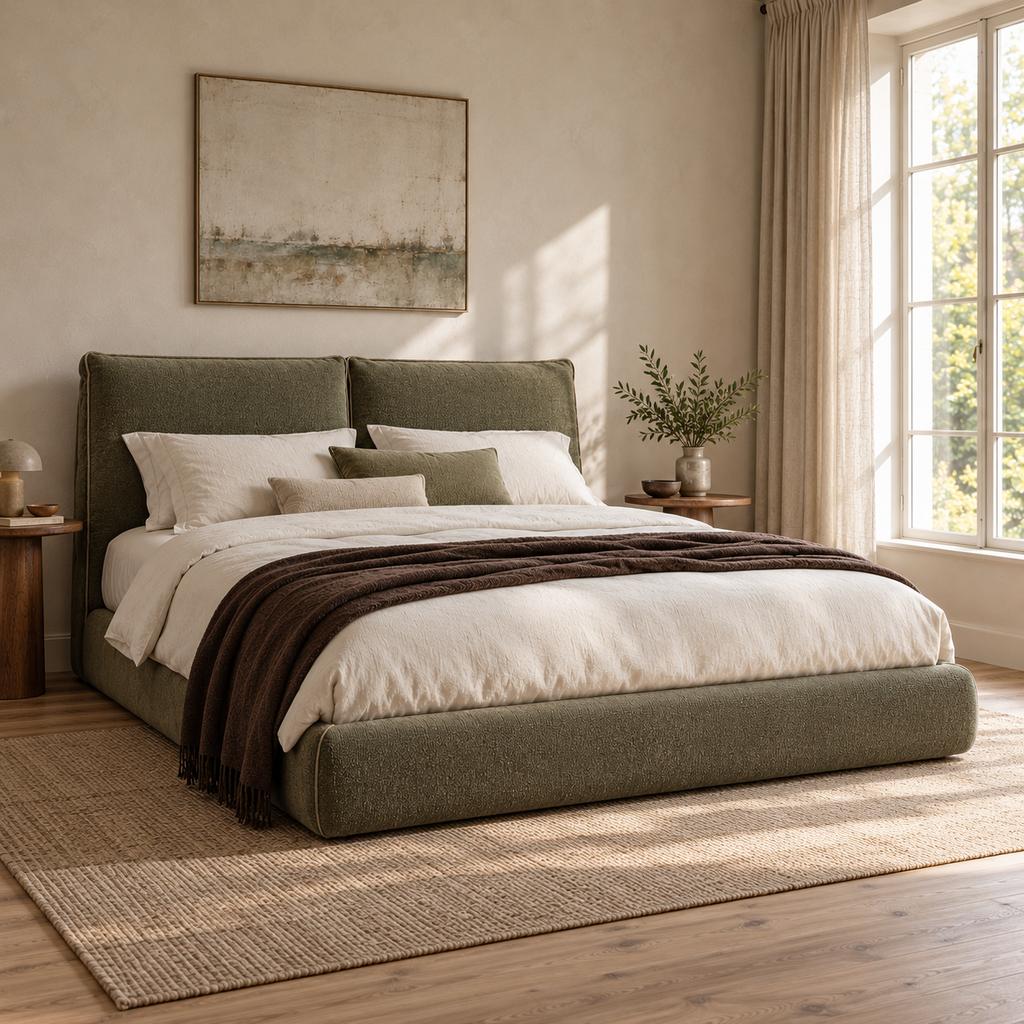 CK Living Bellmere upholstered bed in muted olive textured weave — opposite angle lifestyle view