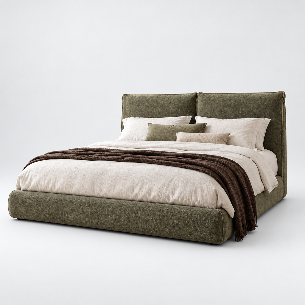 CK Living Bellmere upholstered bed in muted olive textured weave — plain cold-white grey background