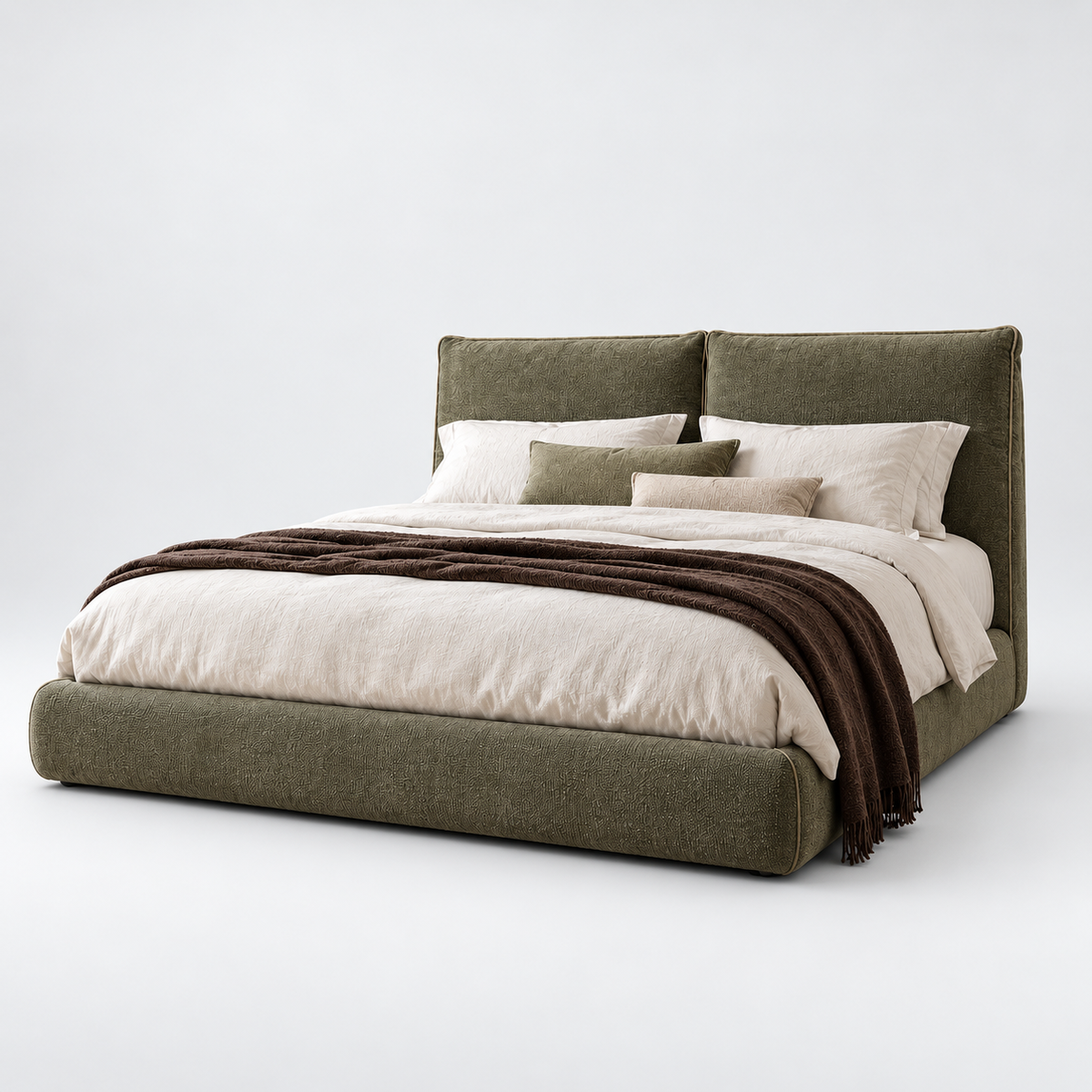 CK Living Bellmere upholstered bed in muted olive textured weave — plain cold-white grey background