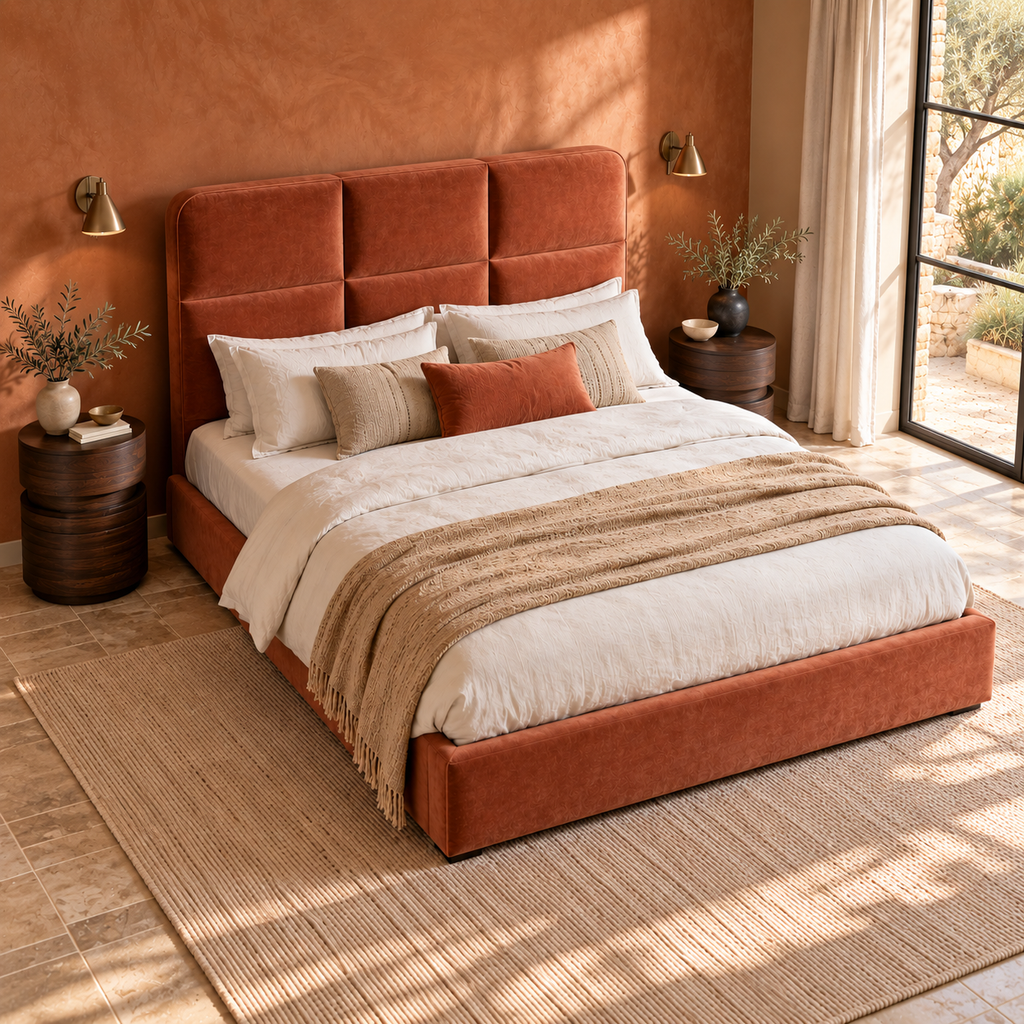 CK Living Bracken upholstered bed in terracotta velvet — elevated lifestyle view