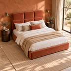 CK Living Bracken upholstered bed in terracotta velvet — elevated lifestyle view