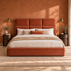 CK Living Bracken upholstered bed in terracotta velvet — front lifestyle view