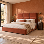 CK Living Bracken upholstered bed in terracotta velvet — opposite angle lifestyle view