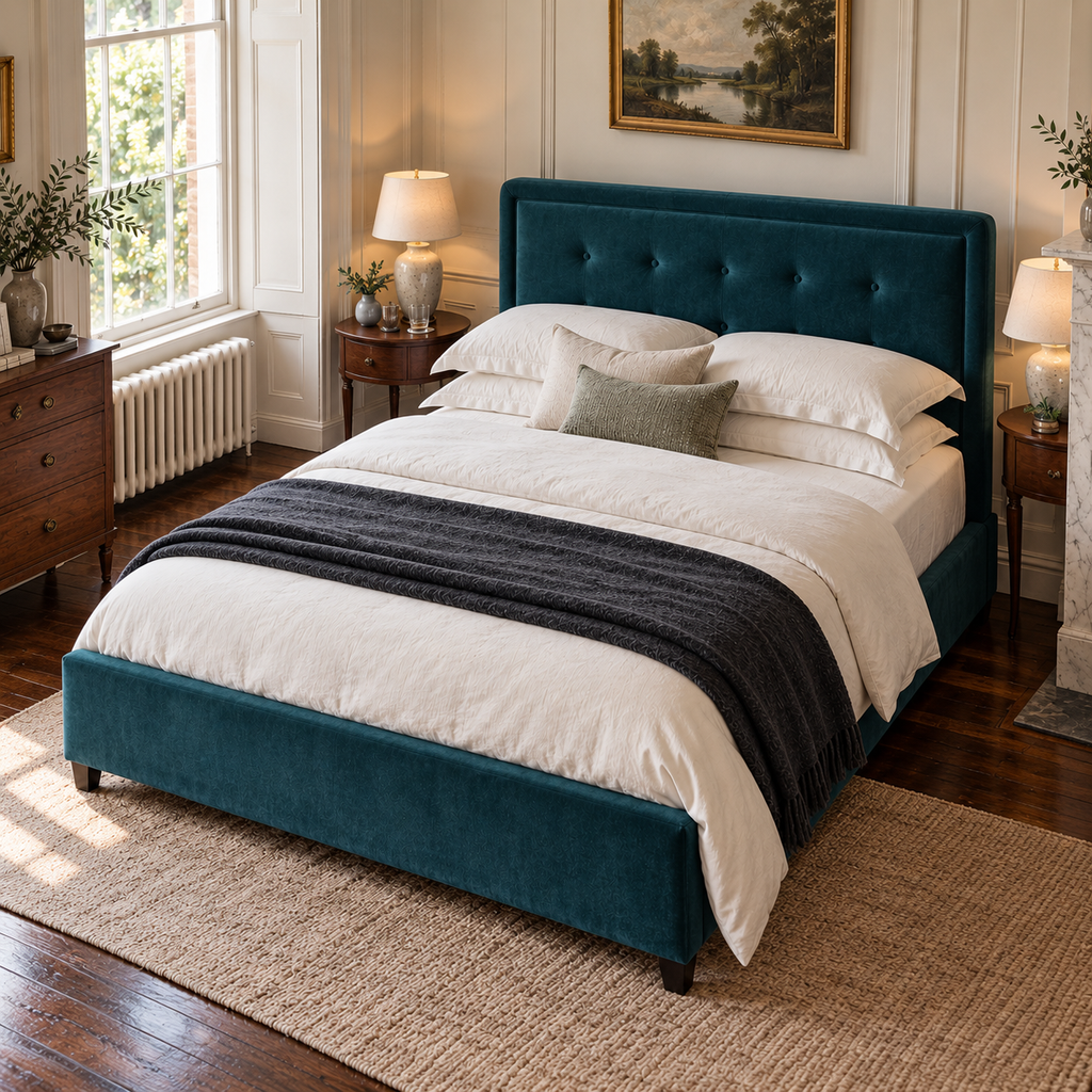 CK Living Brompton upholstered bed in deep teal velvet — elevated lifestyle view