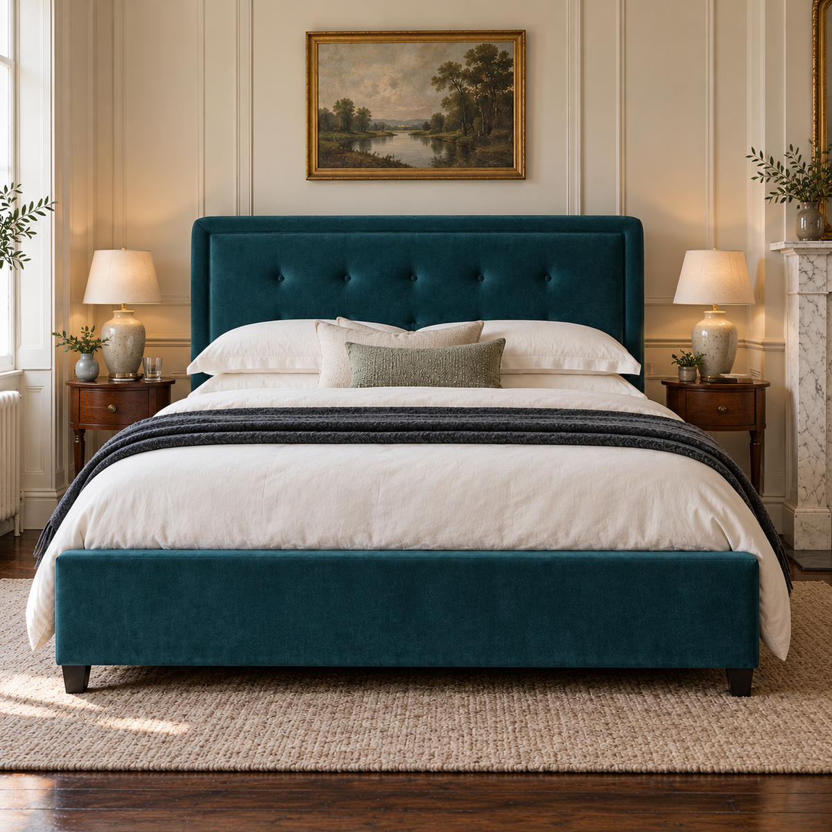 CK Living Brompton upholstered bed in deep teal velvet — front lifestyle view