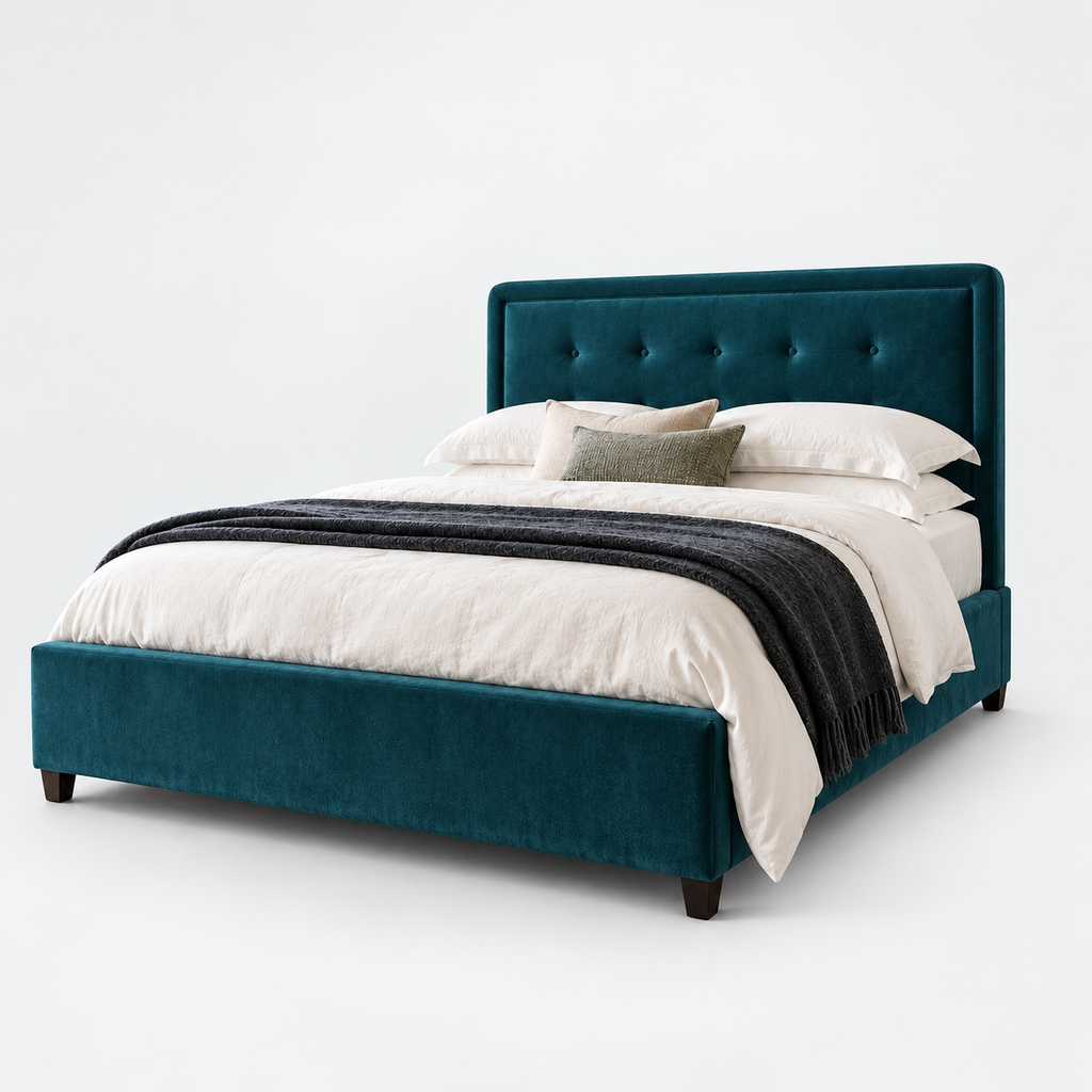 CK Living Brompton upholstered bed in deep teal velvet — plain cold-white grey background