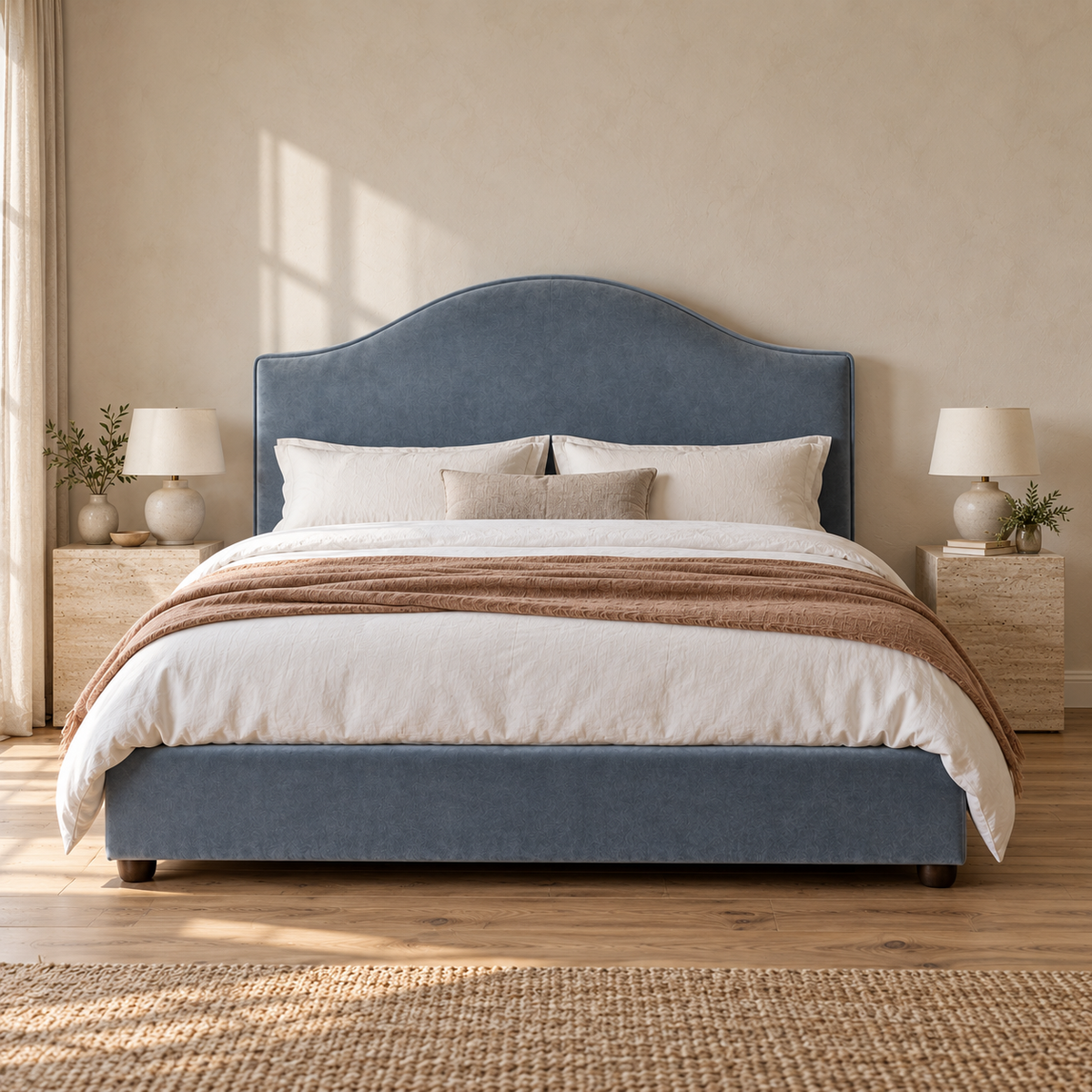 CK Living Celine upholstered bed — front lifestyle view