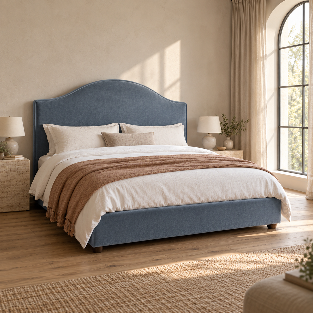 CK Living Celine upholstered bed — opposite-angle lifestyle view