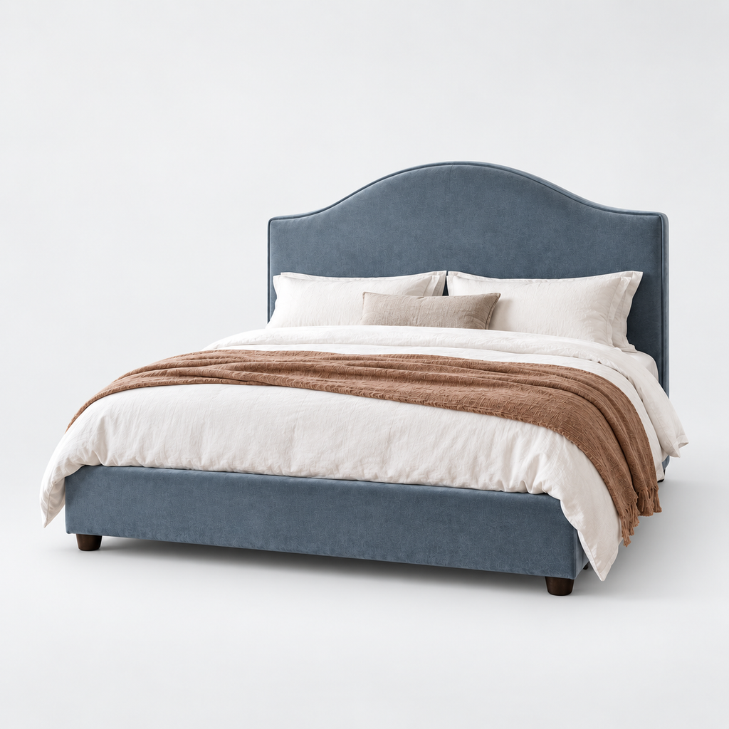 CK Living Celine upholstered bed — cold light-grey studio view