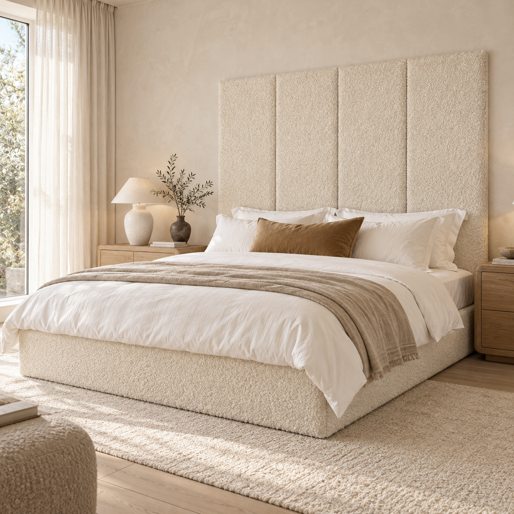 Four Cream Teddy 45cm wall panels behind a matching upholstered bed base in a styled bedroom. Room visualisation; panels sold individually, base and styling separate.