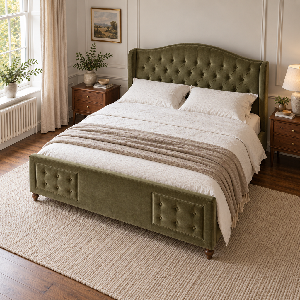 CK Living Cresswell upholstered bed in olive green velvet — elevated lifestyle view